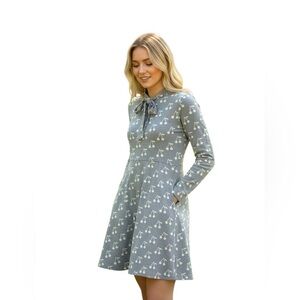 Onze MTL Long Sleeve Dress Gray Jersey Knit Sz M Cherry Retro Pocket Girlhood